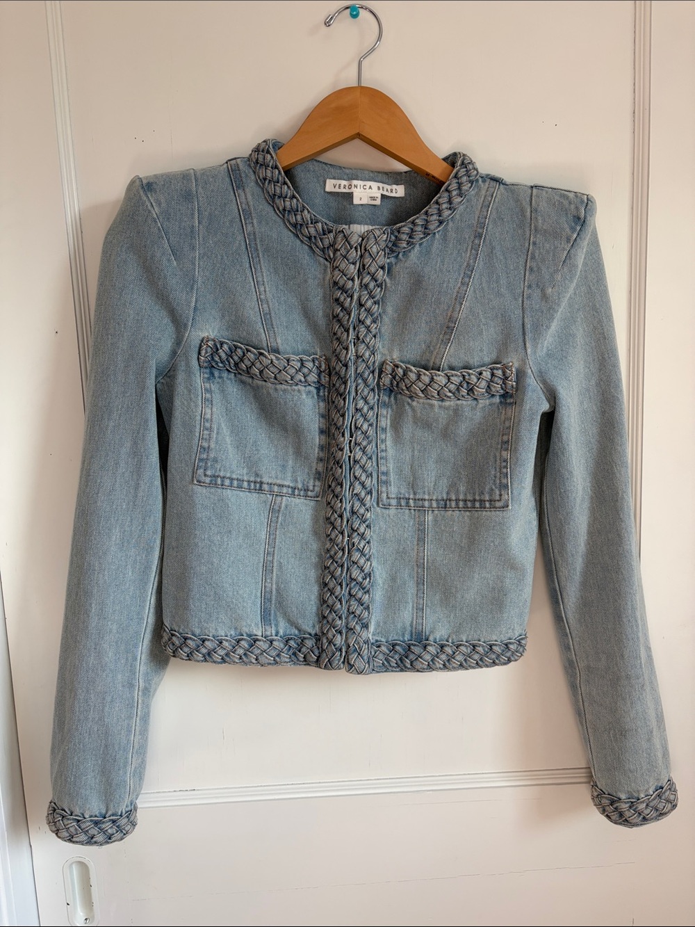 Veronica Beard Lt Blue Arrowe Cropped Denim Blazer Jacket with Braided Trim - 2